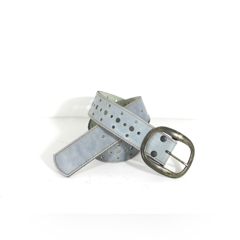 1970 Vintage Top Grain Cowhide Leather Belt in Cloud Blue Pierced Holes Light XS